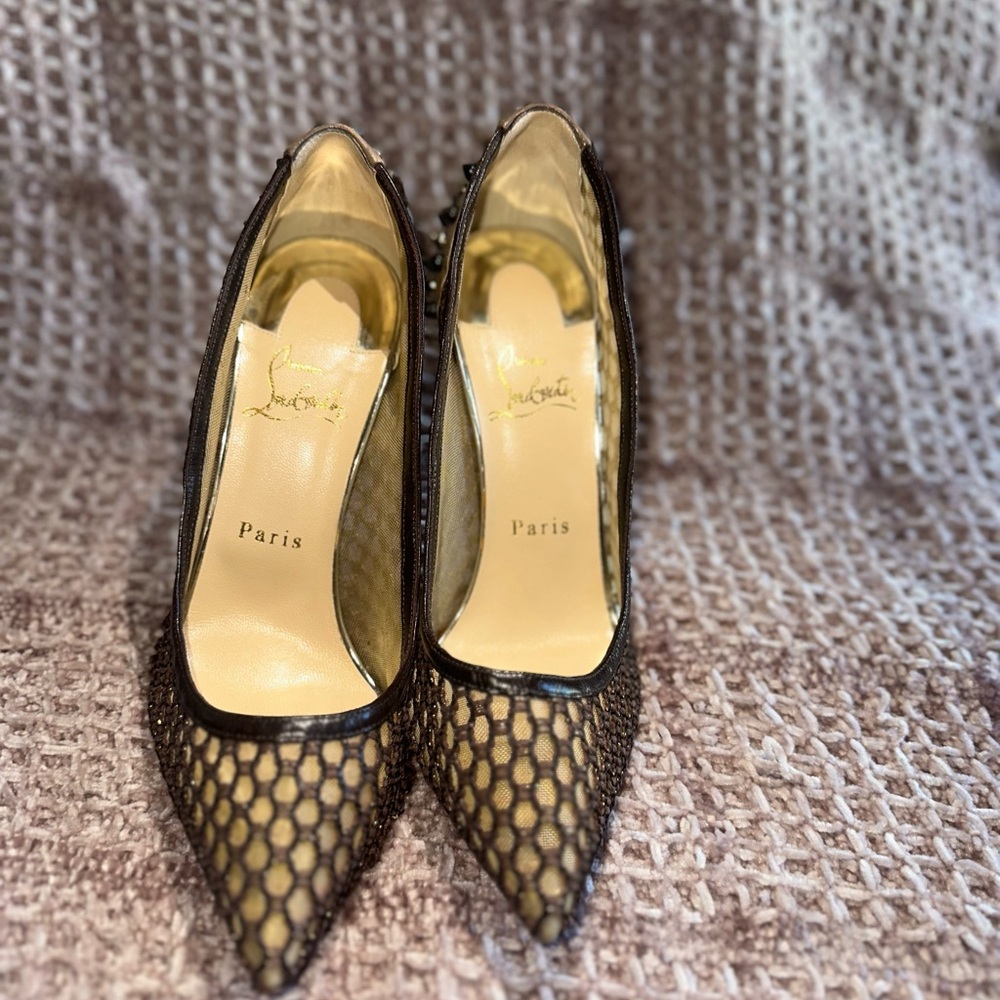 Christian Louboutin Black and Gold Heels with Mesh Overlay